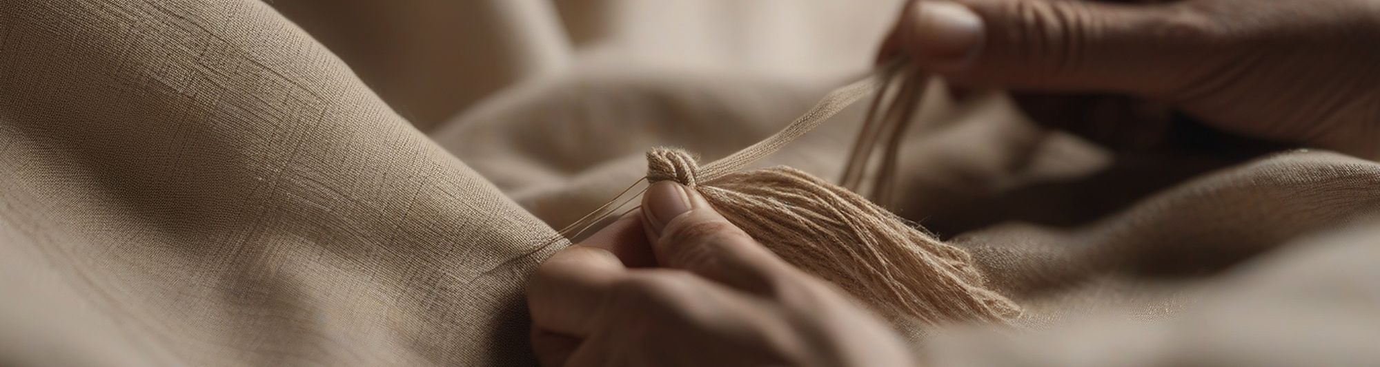 An artisan’s hand stitching the unicorn in raised embroidery on beige linen