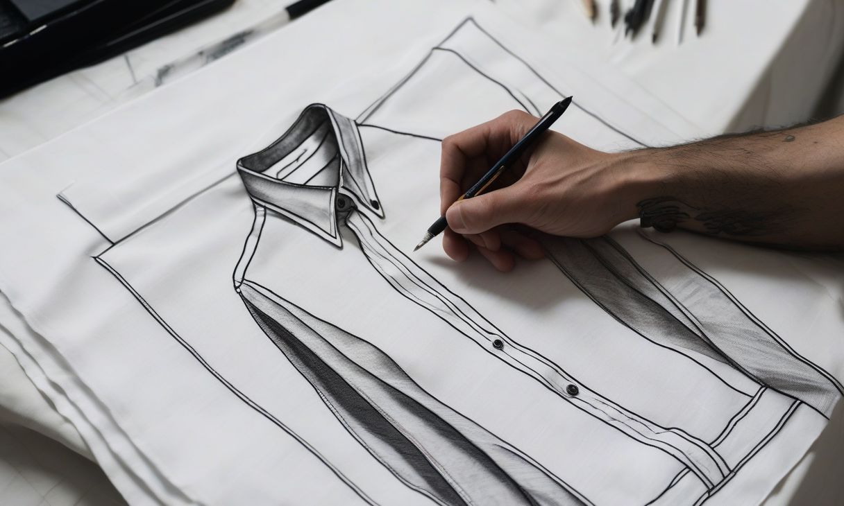 A hand sketching the unicorn emblem on a shirt drawing