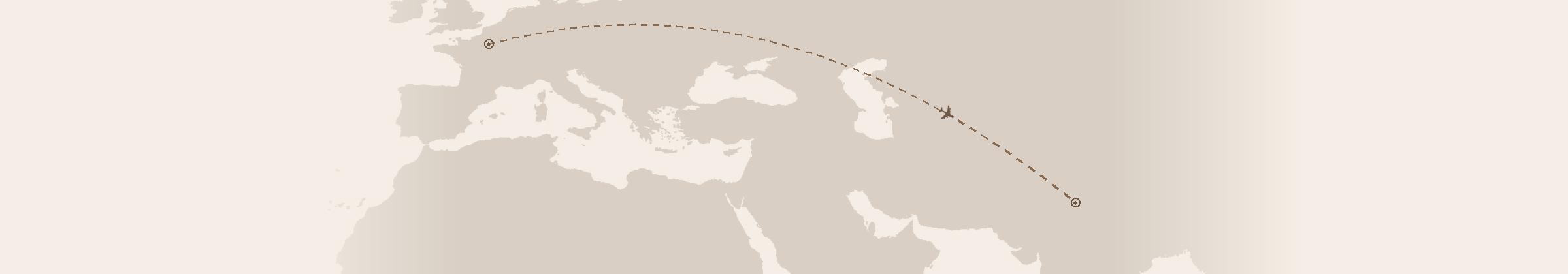A faint map with a dotted flight path from Paris to Delhi