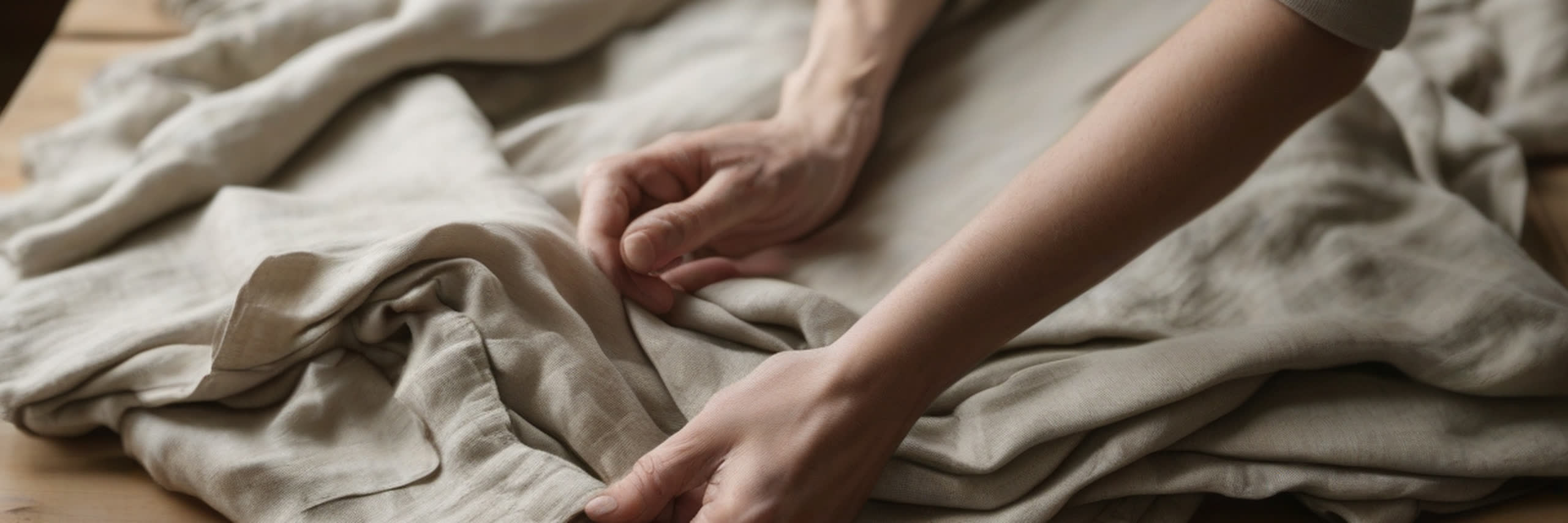 Hands folding a stack of linen cloth on a wooden table