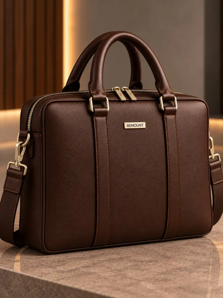 Bemount Executive Leather Briefcase in dark brown, front view with twin rolled handles, gold-tone hardware and detachable shoulder strap