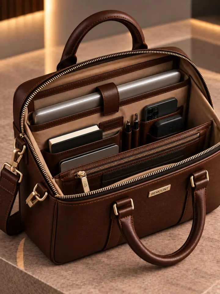 Inside the Executive Leather Briefcase: padded laptop sleeve with retaining strap, organiser pockets, pen loops and a zipped pocket