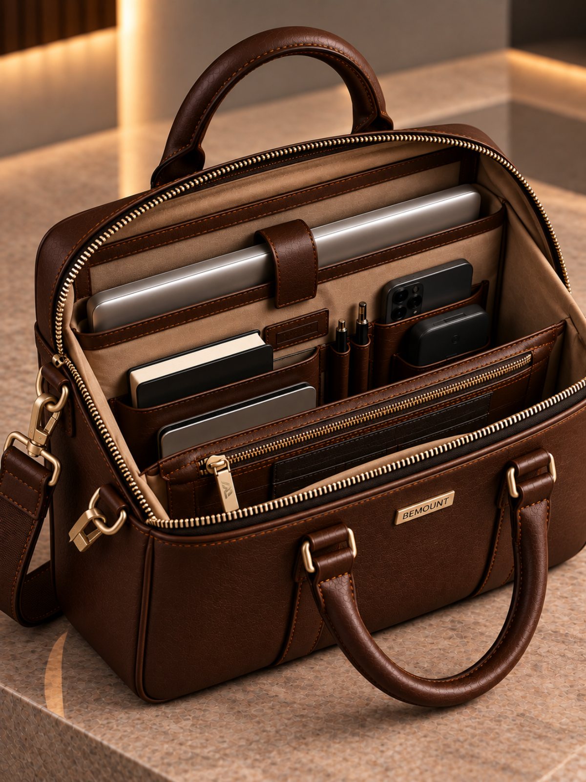 Inside the Executive Leather Briefcase: padded laptop sleeve with retaining strap, organiser pockets, pen loops and a zipped pocket