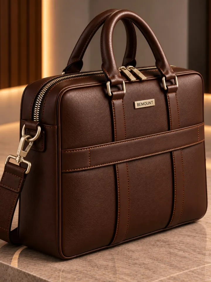 Executive Leather Briefcase front with stitched strap detail, Bemount nameplate and double zip