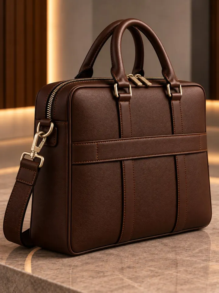 Executive Leather Briefcase back view in dark brown pebble-grain leather