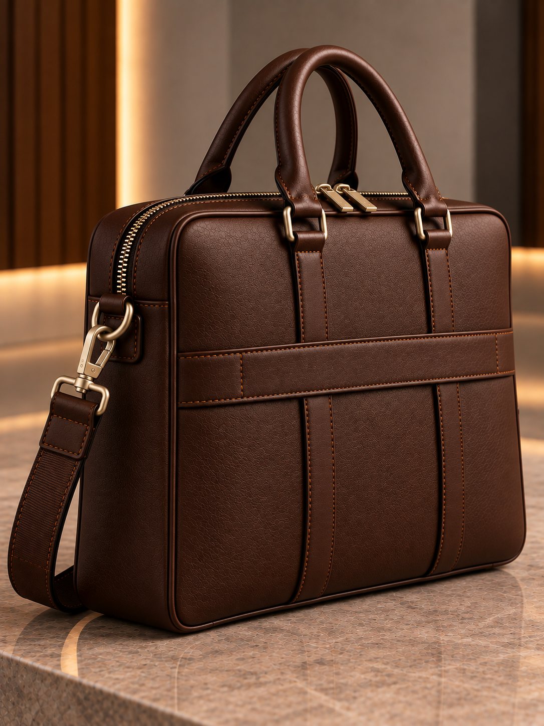 Executive Leather Briefcase back view in dark brown pebble-grain leather