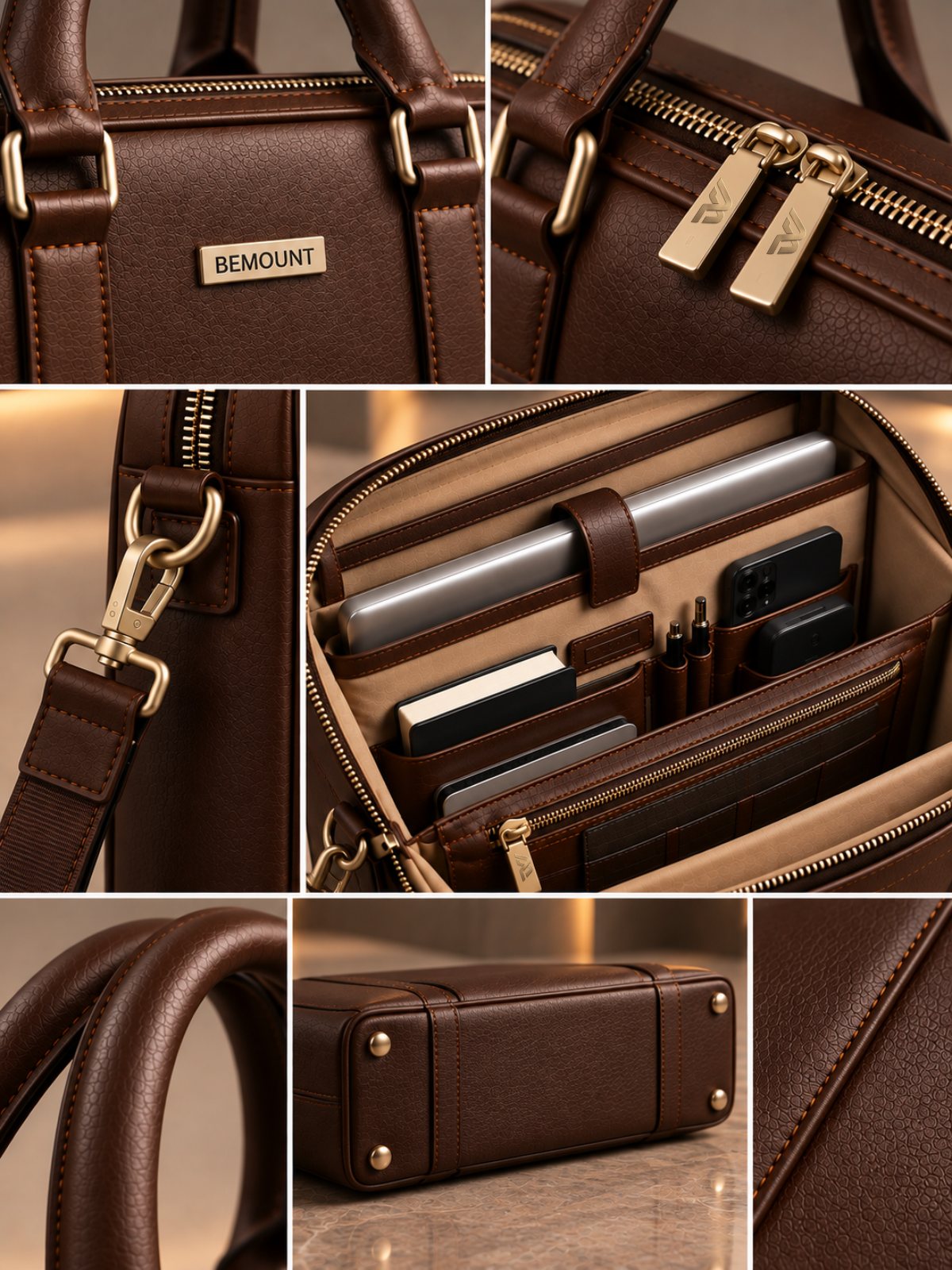 Executive Leather Briefcase details: nameplate, twin zip pulls, swivel strap clip, rolled handles and metal base feet