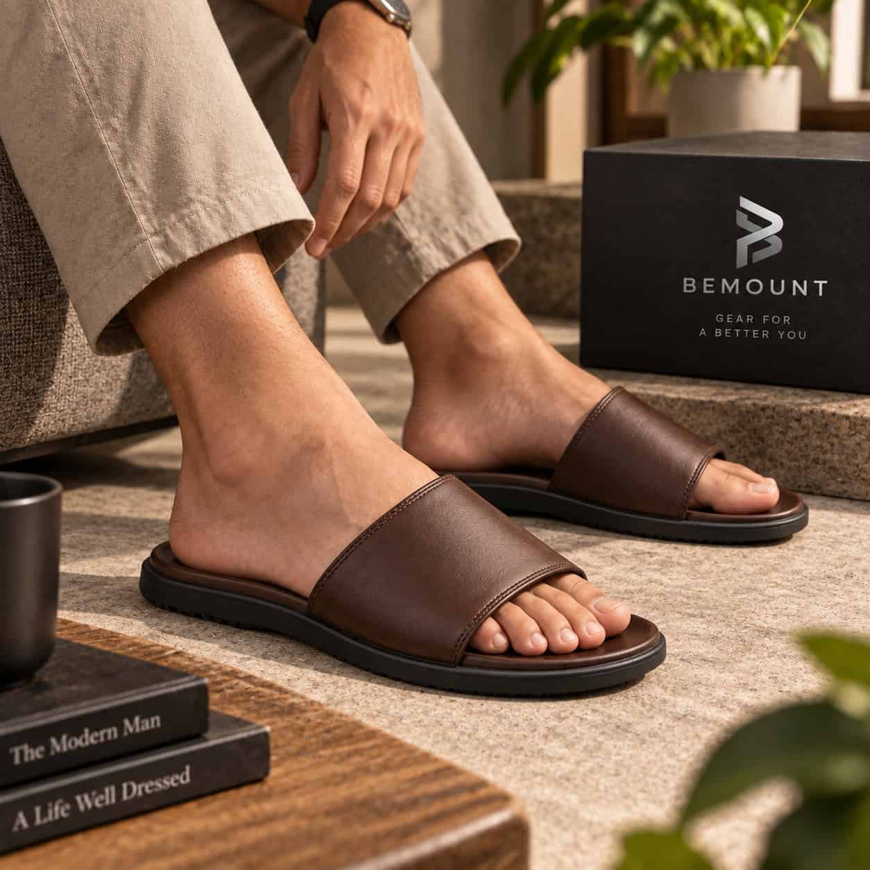 Harbour Brown Leather Sliders view 2