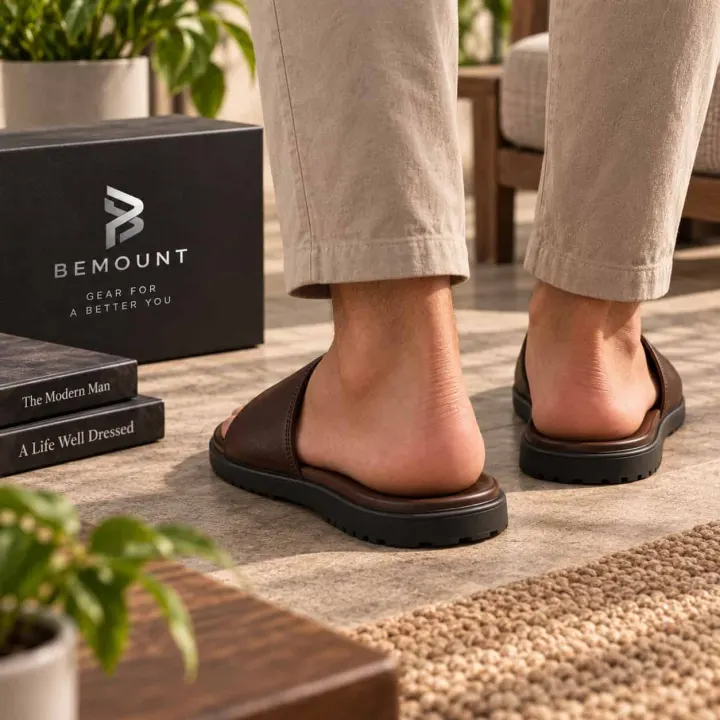 Bemount Harbour Brown Leather Sliders view 4