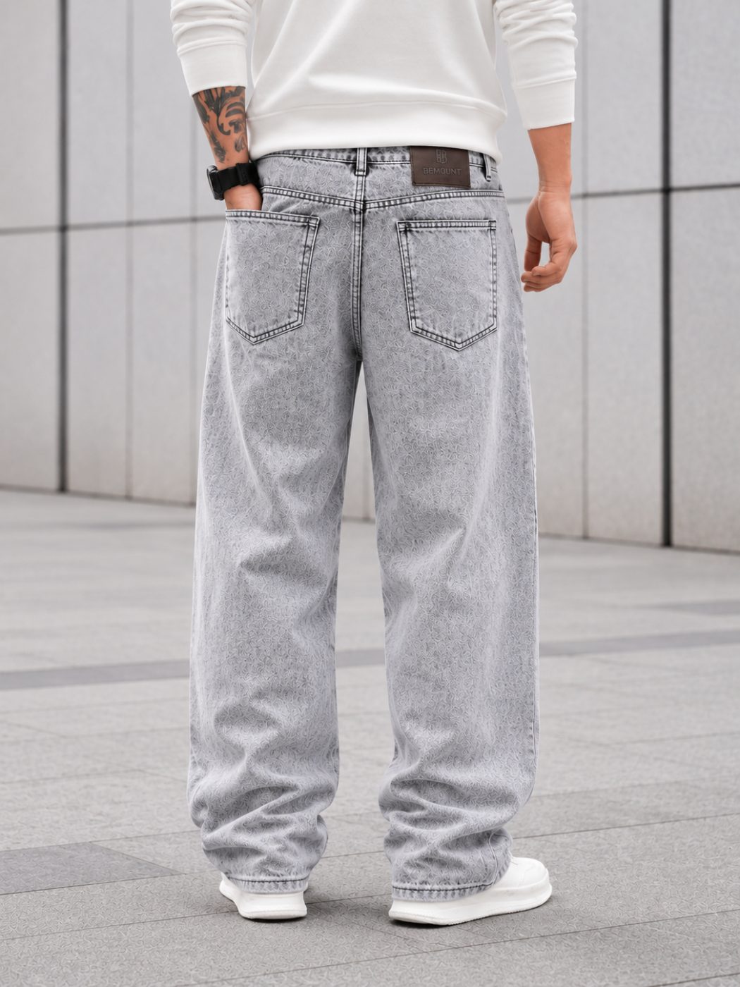 Bemount Bemount 90s Acid Trip Baggy Jeans in Acid Wash Grey, back view