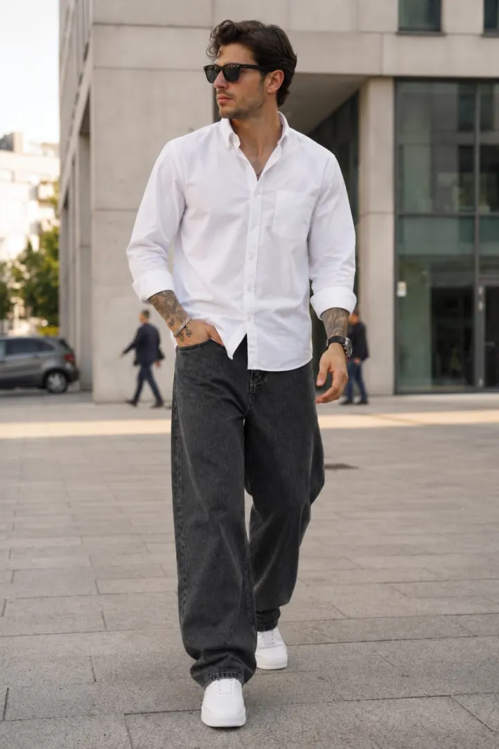 Bemount Bemount 90s Charcoal Core Baggy Jeans in Charcoal Black, front view