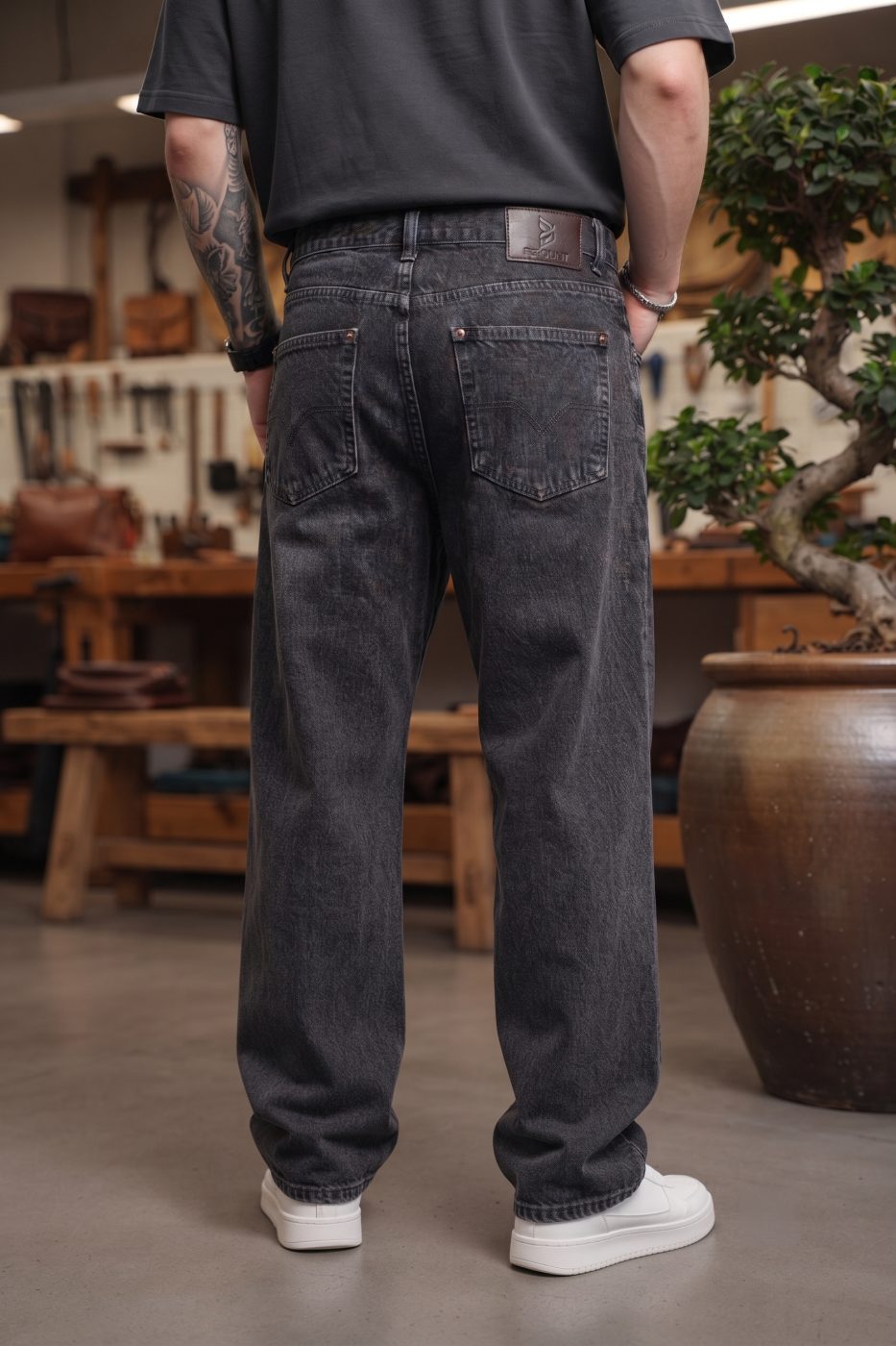 Bemount Bemount 90s Charcoal Core Baggy Jeans in Charcoal Black, back view