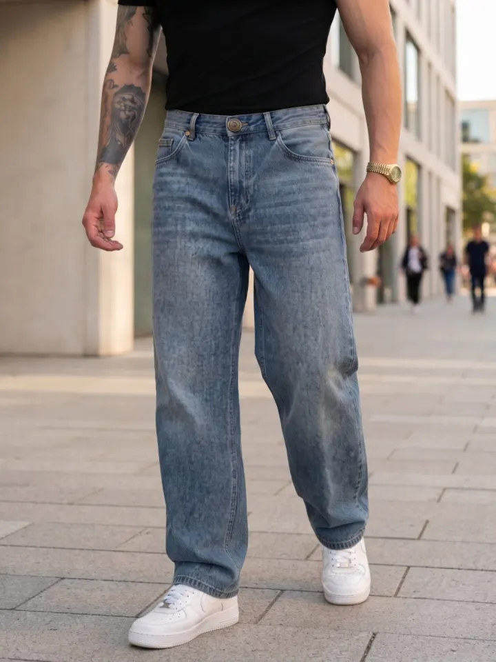 Bemount Bemount 90s Core Baggy Jeans in Mid Blue, front view