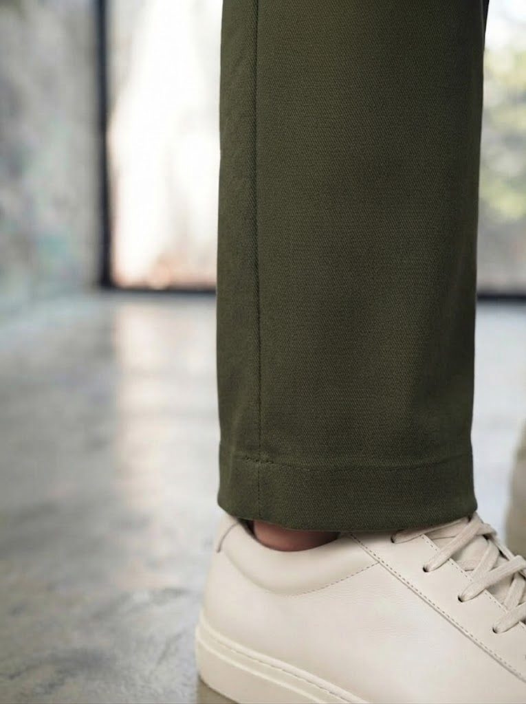 Pleated Deep Olive Chino, hem view