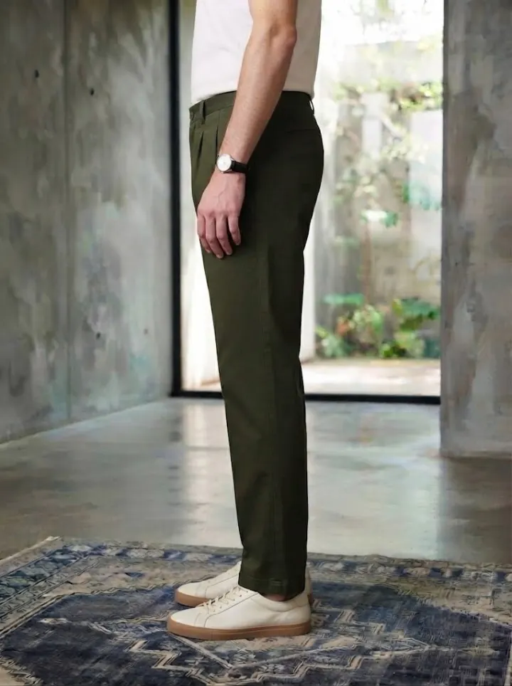 Bemount Pleated Deep Olive Chino, side view