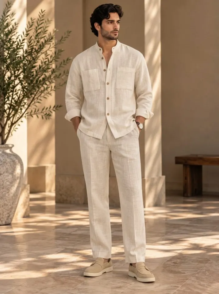 Bemount Bemount Arvan Mandarin Linen Co-ord Set in Ivory, front view
