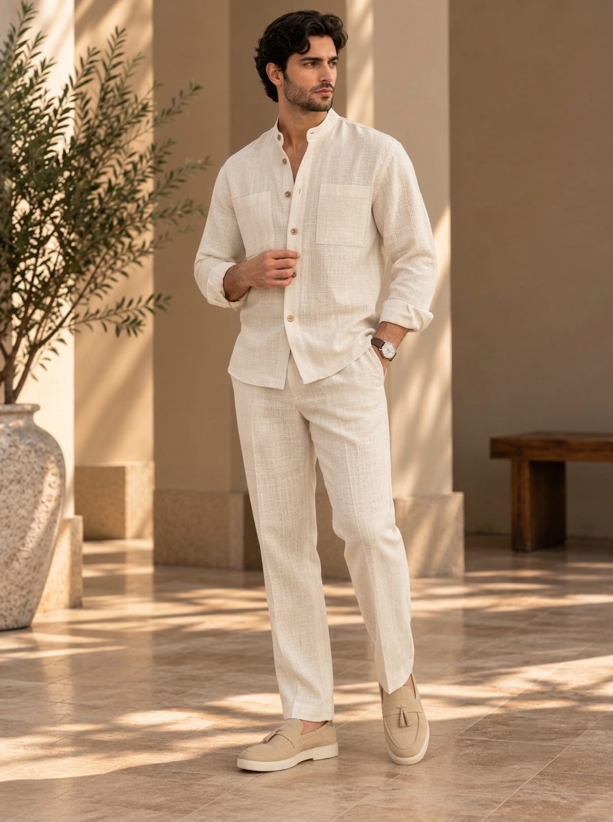 Bemount Arvan Mandarin Linen Co-ord Set in Ivory, three-quarter view