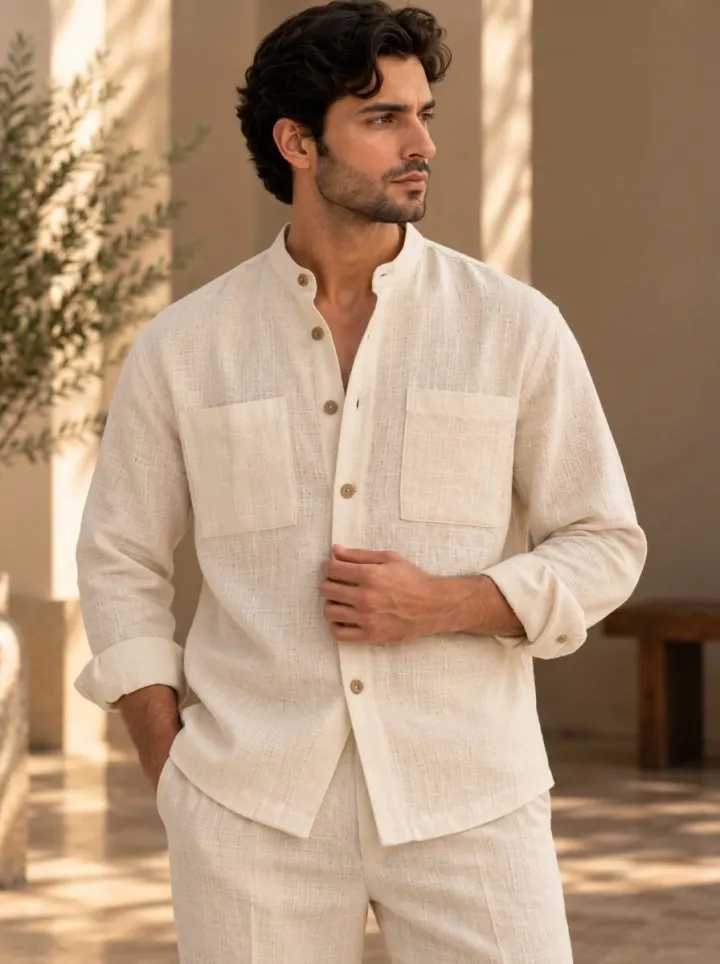 Bemount Bemount Arvan Mandarin Linen Co-ord Set in Ivory, close-up of the shirt
