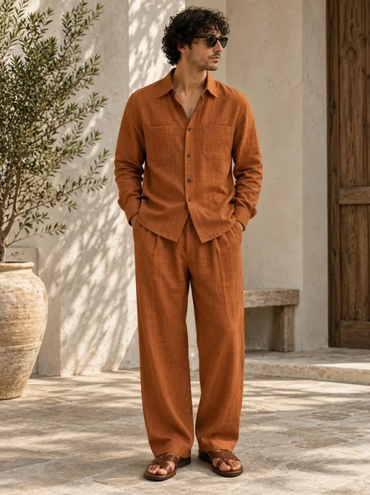 Bemount Bemount Aurelio Linen Co-ord Set in Burnt Rust, front view