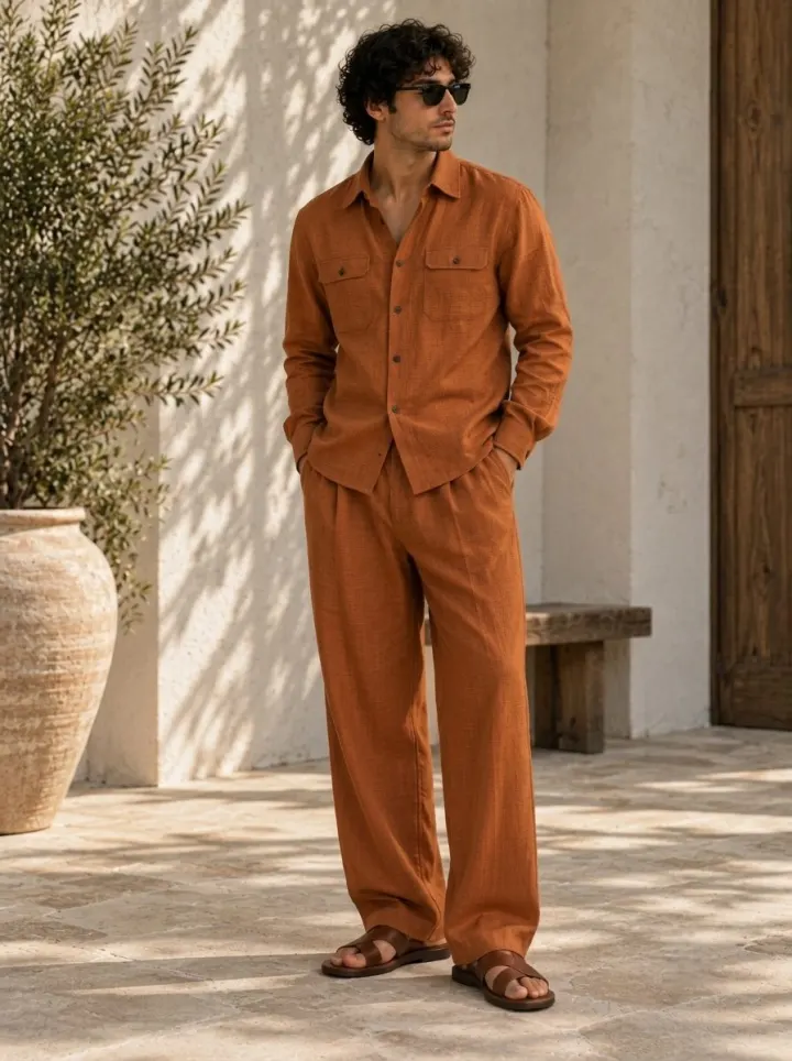 Bemount Bemount Aurelio Linen Co-ord Set in Burnt Rust, three-quarter view