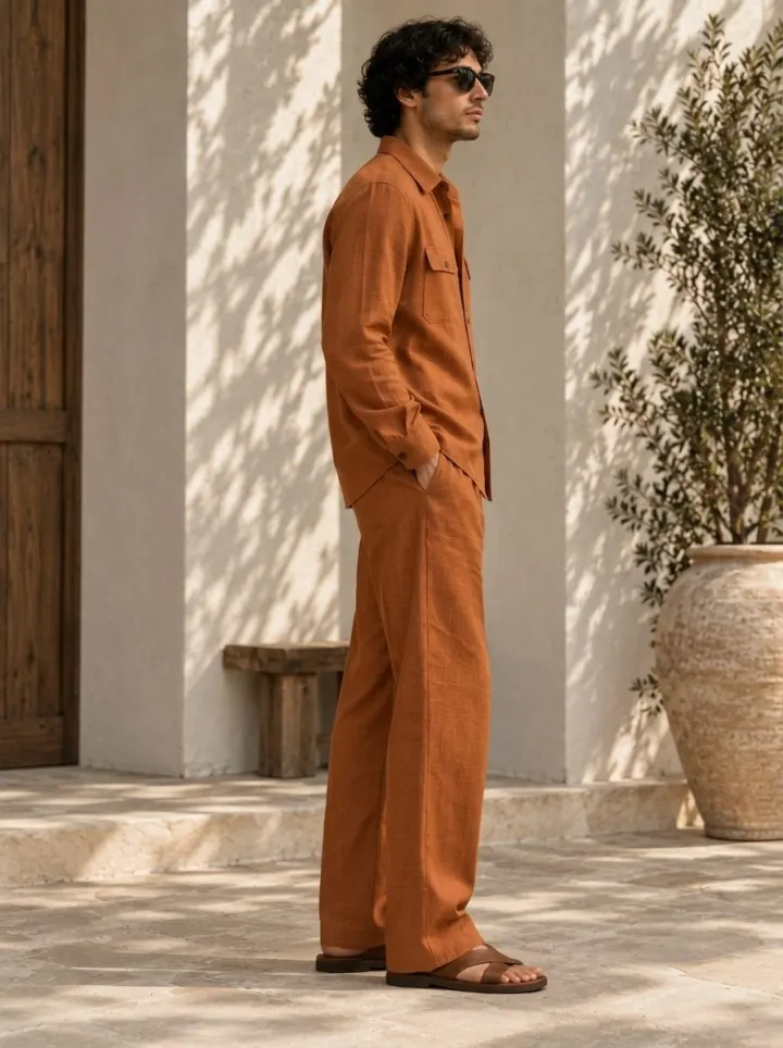 Bemount Bemount Aurelio Linen Co-ord Set in Burnt Rust, side view