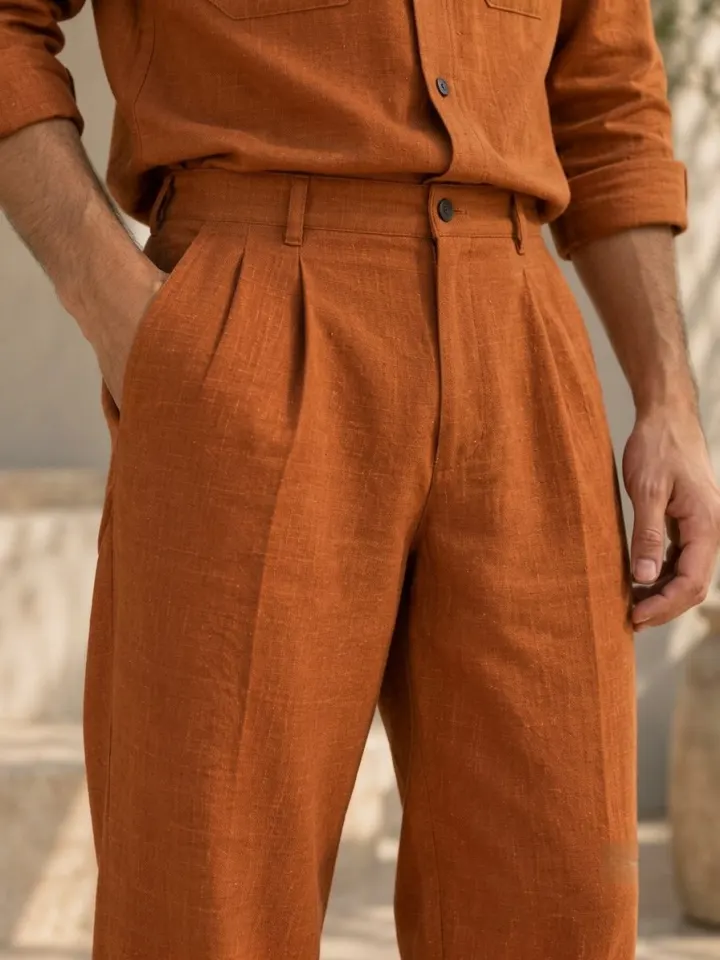 Bemount Bemount Aurelio Linen Co-ord Set in Burnt Rust, pleated waist detail