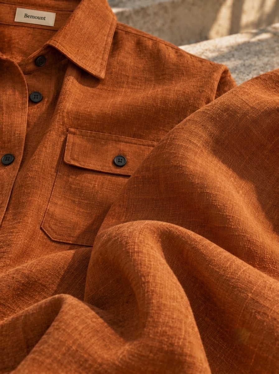 Bemount Aurelio Linen Co-ord Set in Burnt Rust, fabric texture