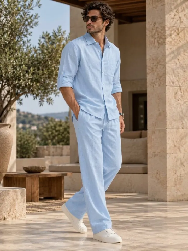 Bemount Bemount Auren Sky Linen Co-ord Set in Sky Blue, walking view