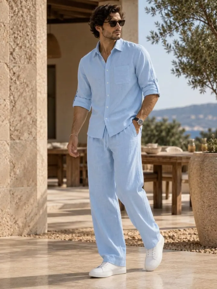 Bemount Bemount Auren Sky Linen Co-ord Set in Sky Blue, three-quarter view