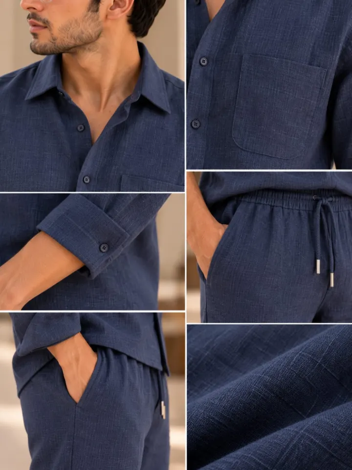 Bemount Bemount Midnight Sapphire Linen Co-ord Set in Midnight Navy, collar, pocket, cuff and drawstring details