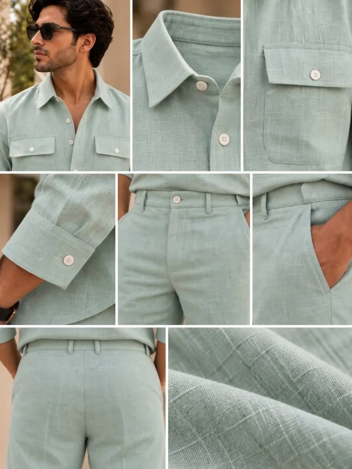 Bemount Bemount Mint Haven Linen Co-ord Set in Mint, collar, pocket, cuff and fabric details