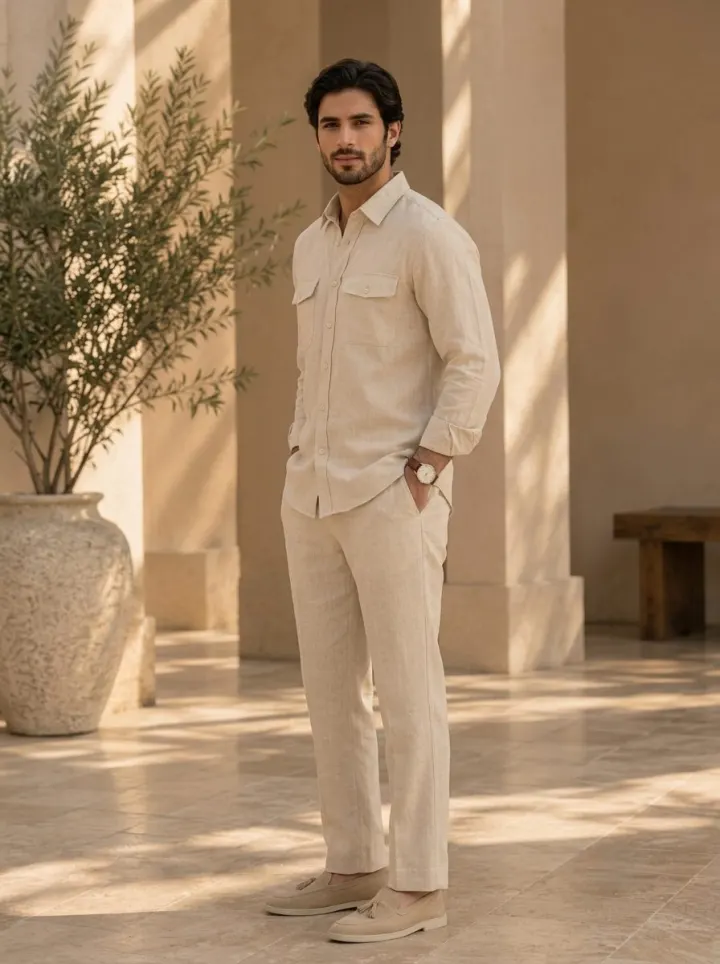 Bemount Bemount Natural Linen Lounge Co-ord Set in Natural Flax, three-quarter view