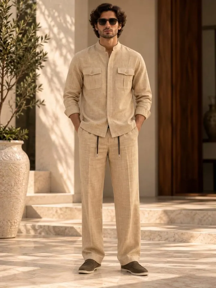 Bemount Bemount Sahil Linen Co-ord Set in Sand, front view