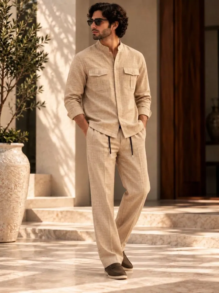 Bemount Bemount Sahil Linen Co-ord Set in Sand, walking view
