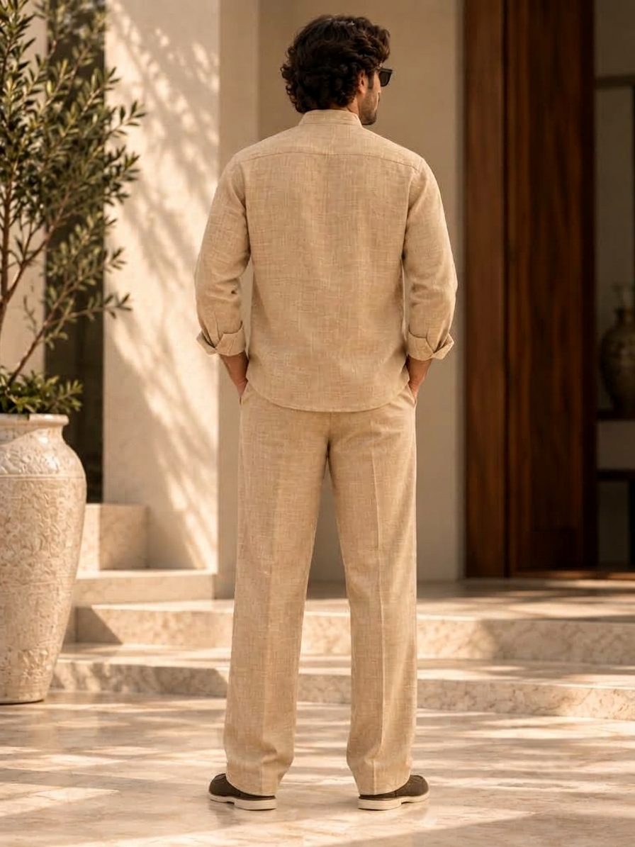 Bemount Sahil Linen Co-ord Set in Sand, back view