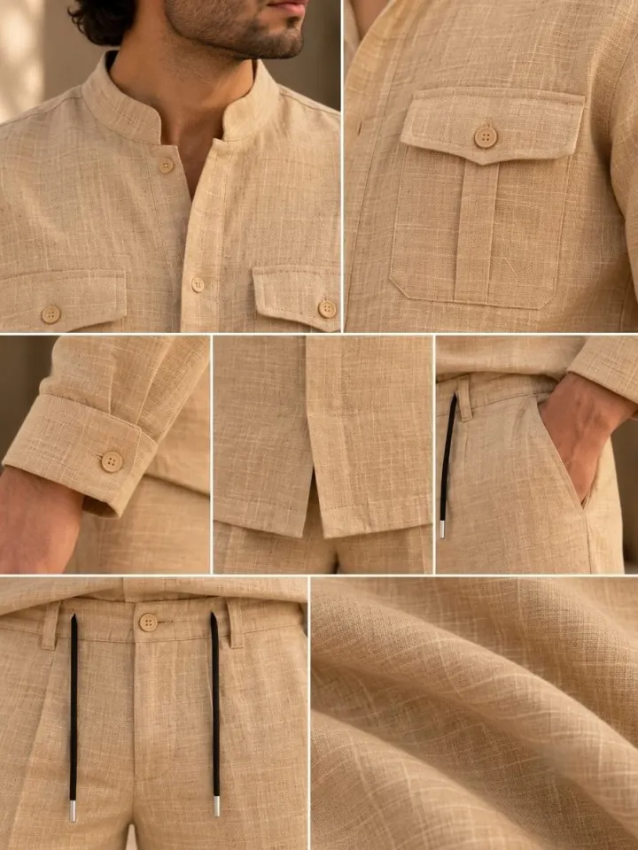 Bemount Bemount Sahil Linen Co-ord Set in Sand, collar, pocket, cuff and fabric details