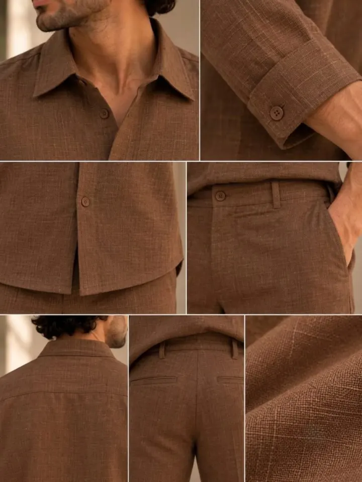 Bemount Bemount Varen Brown Linen Co-ord Set in Coffee Brown, collar, cuff, waistband and fabric details