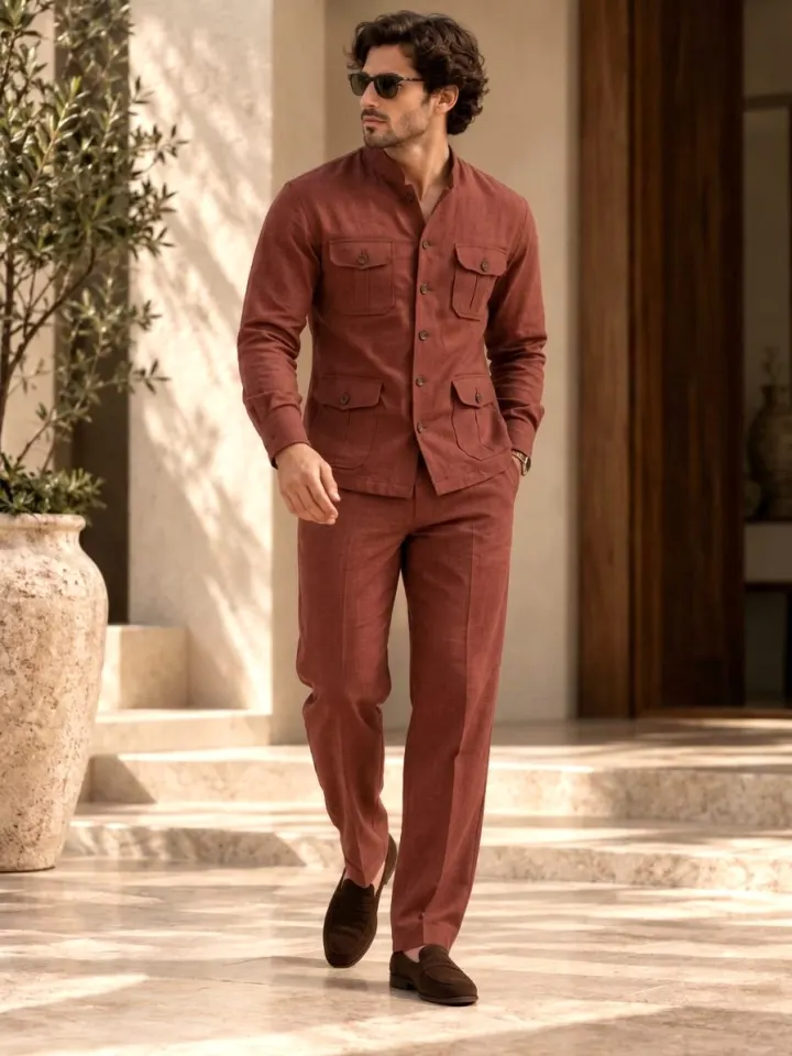 Bemount Bemount Varen Field Linen Co-ord Set in Brick Red, front view