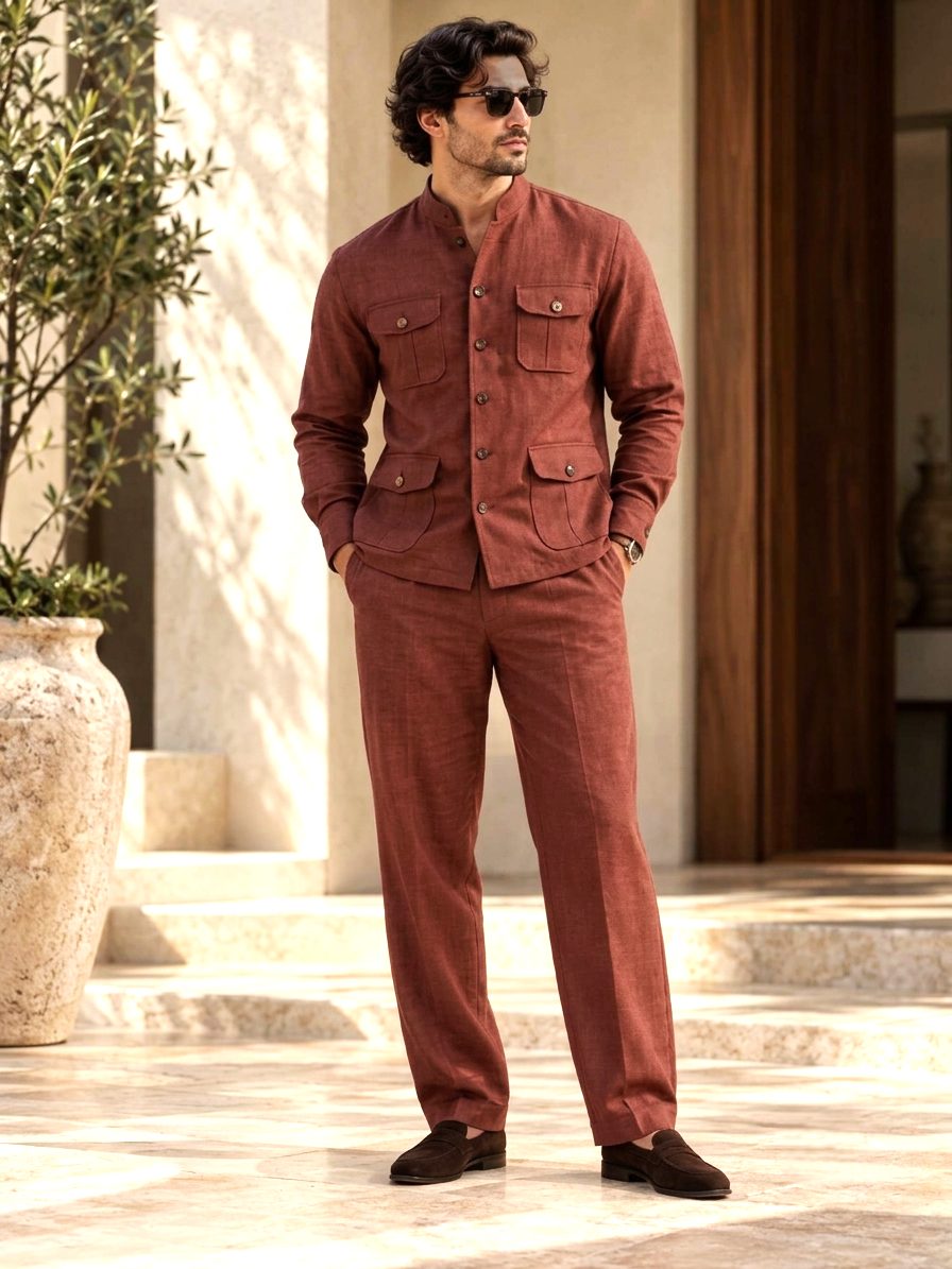 Bemount Varen Field Linen Co-ord Set in Brick Red, front view, hands in pockets