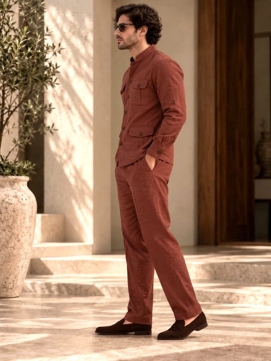Bemount Varen Field Linen Co-ord Set in Brick Red, side view