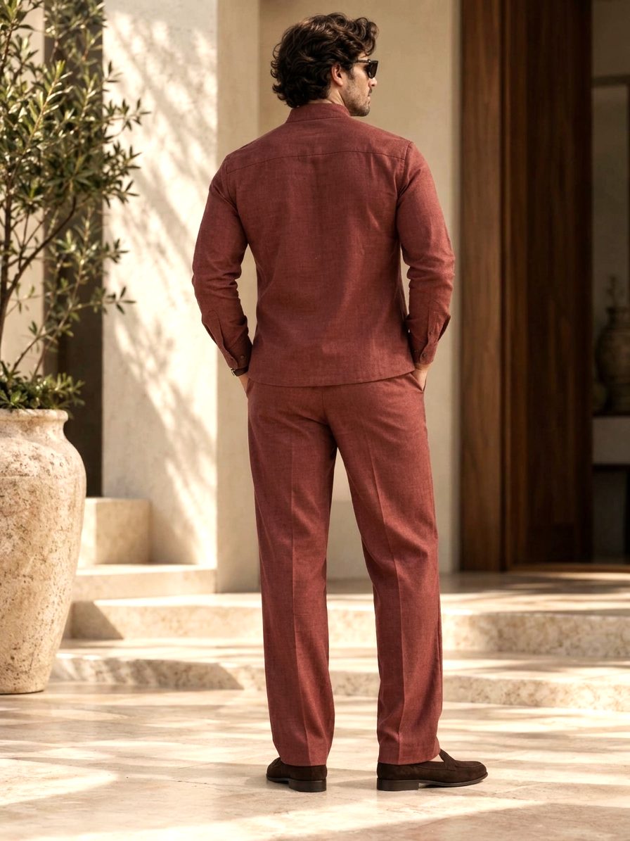 Bemount Varen Field Linen Co-ord Set in Brick Red, back view