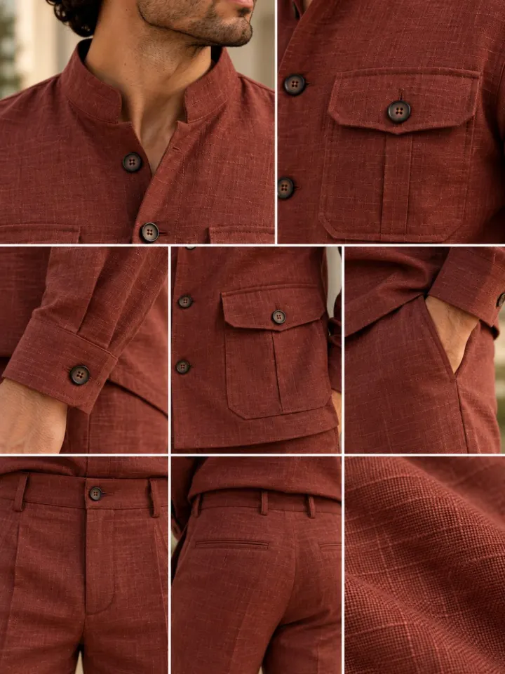 Bemount Bemount Varen Field Linen Co-ord Set in Brick Red, collar, pocket, cuff and waistband details