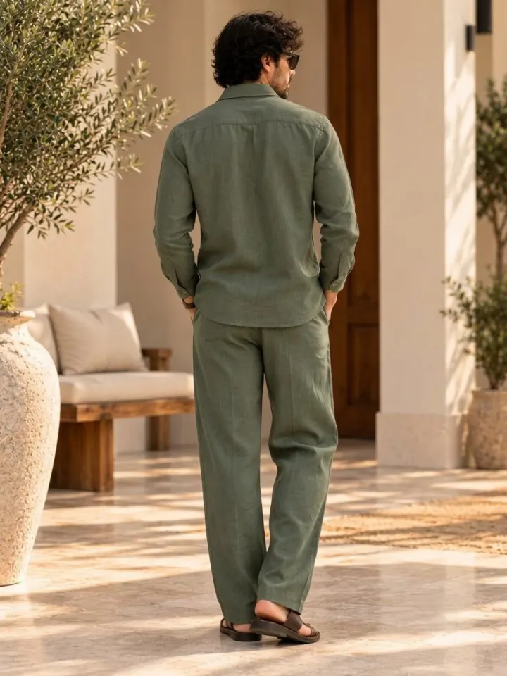 Bemount Bemount Ved Utility Linen Co-ord Set in Sage Green, back view