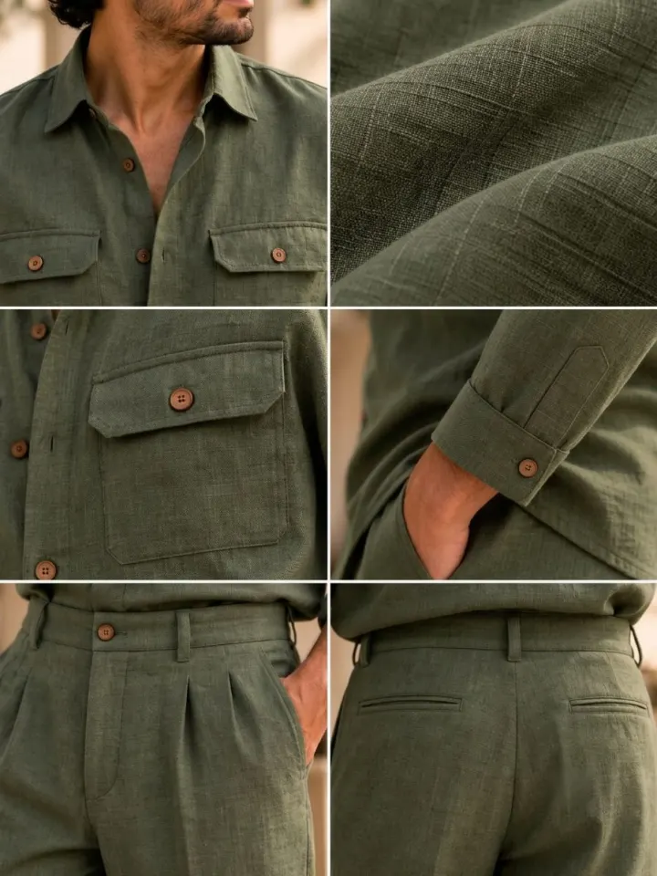 Bemount Bemount Ved Utility Linen Co-ord Set in Sage Green, collar, pocket, cuff and waistband details