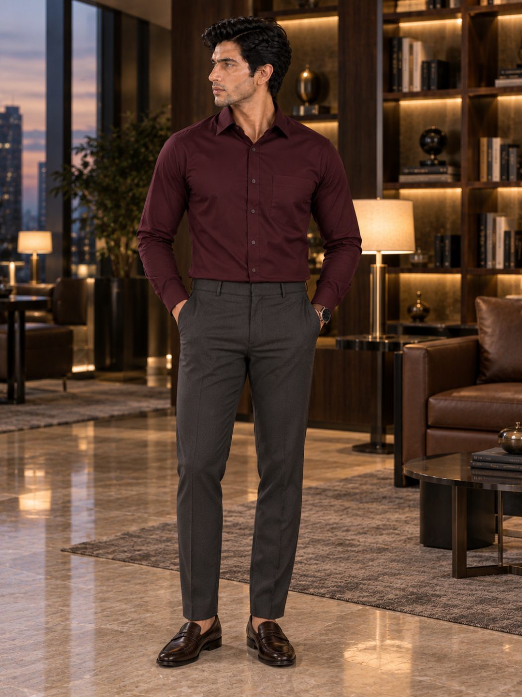 Bemount Bemount Deep Burgundy Poplin Shirt in Deep Burgundy, front view