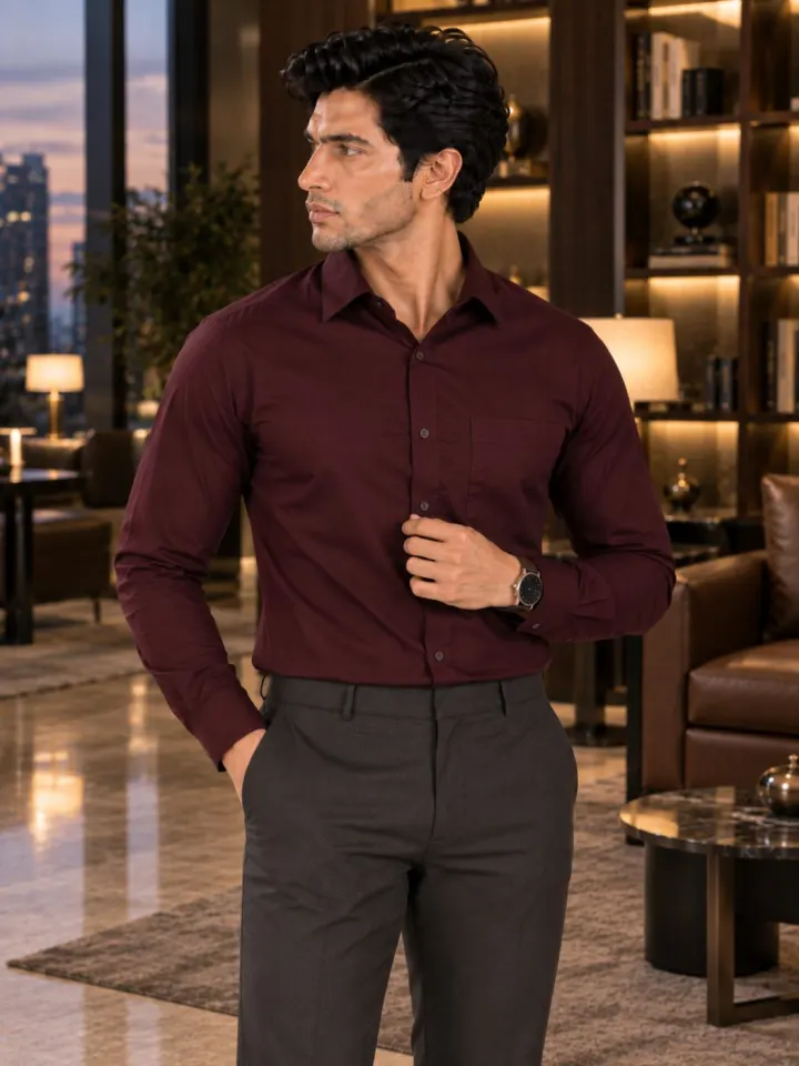 Bemount Bemount Deep Burgundy Poplin Shirt in Deep Burgundy, front view