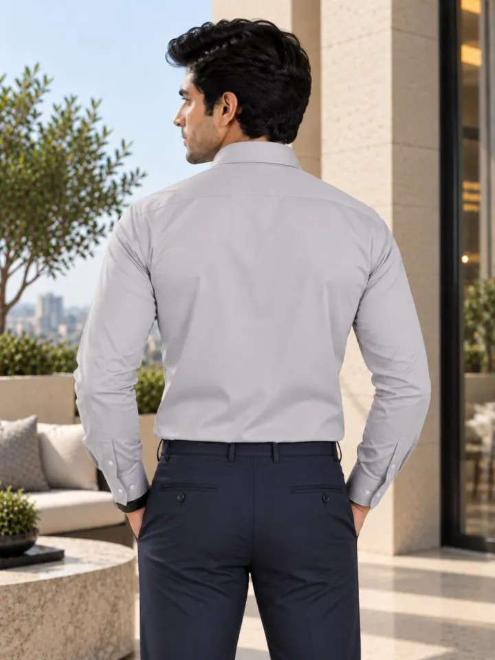 Bemount Bemount Light Grey Poplin Shirt in Light Grey, back view