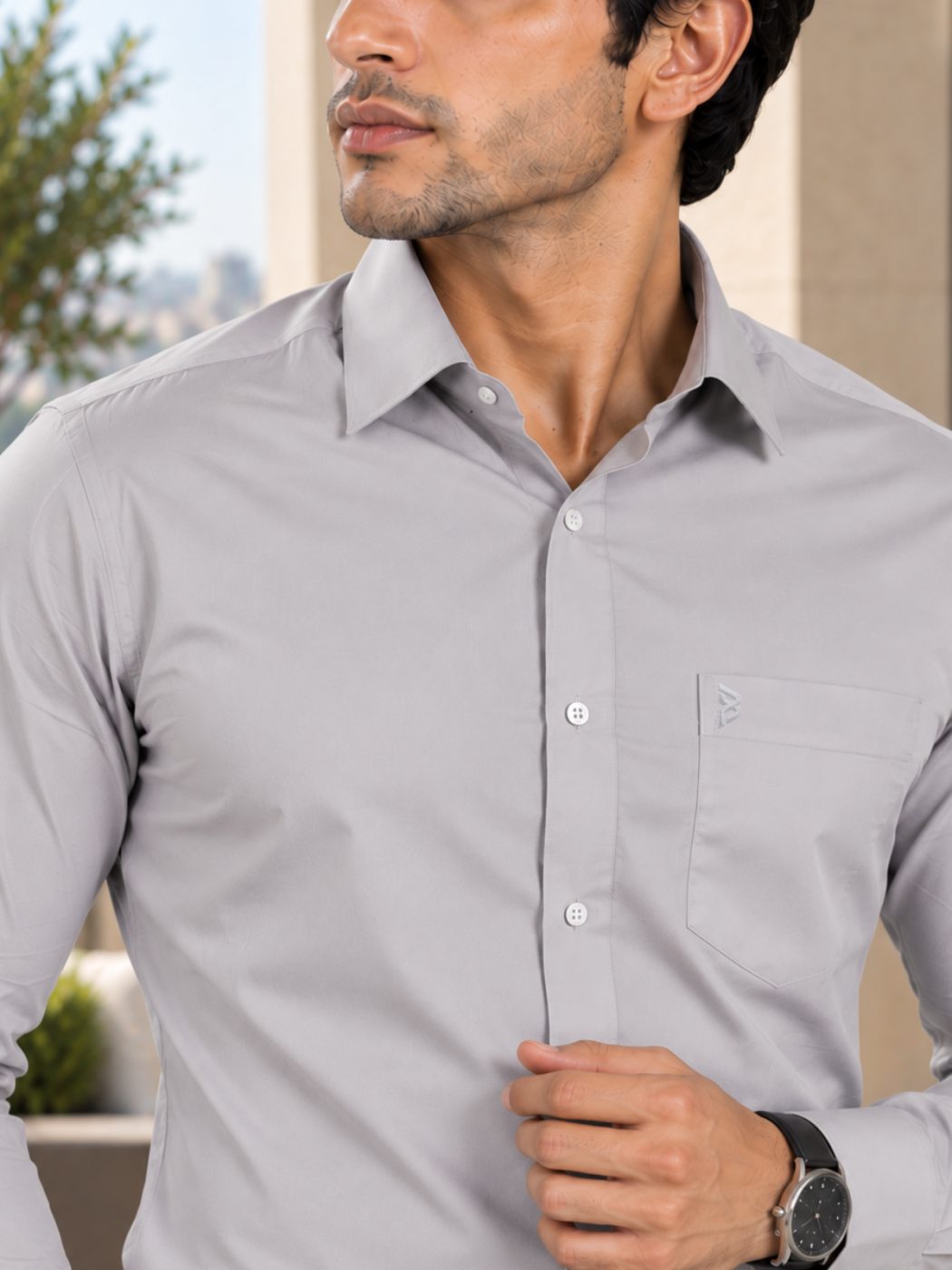 Bemount Bemount Light Grey Poplin Shirt in Light Grey, closeup view
