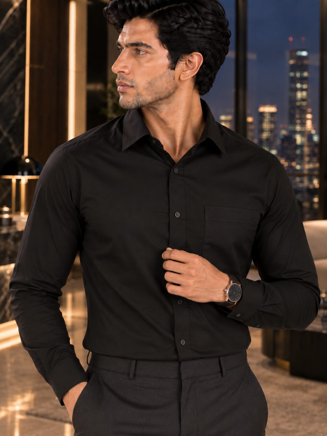 Bemount Bemount Premium Black Poplin Shirt in Black, front view