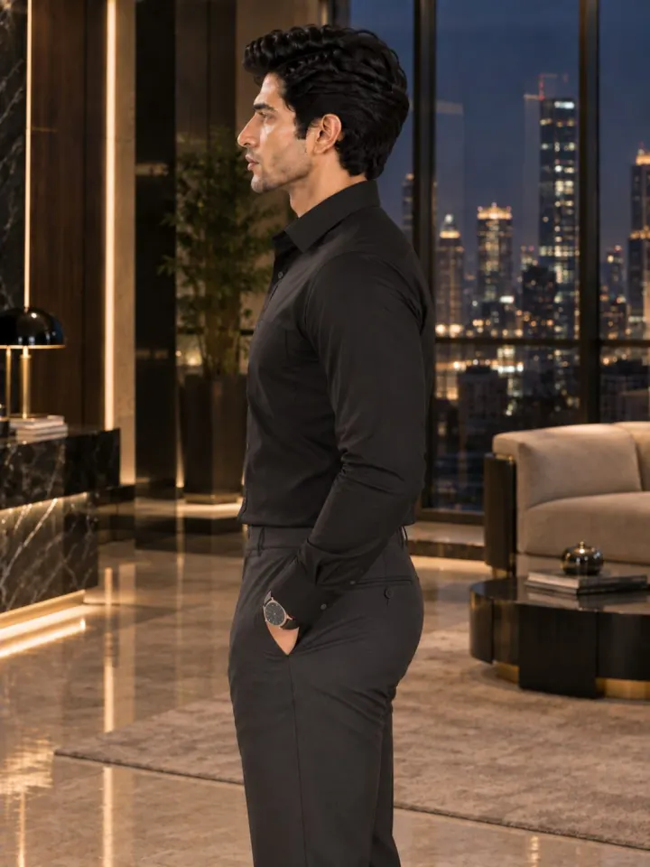 Bemount Bemount Premium Black Poplin Shirt in Black, side view